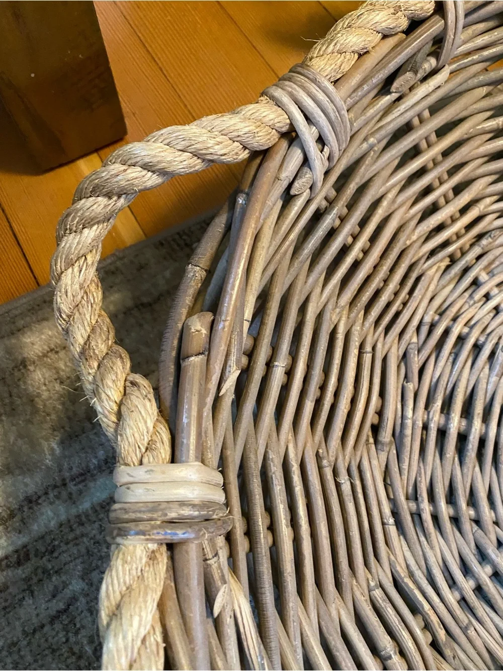 HUGE Vintage Gray Wash Round Wicker Basket Rope Handles Farmhouse Coastal Decor